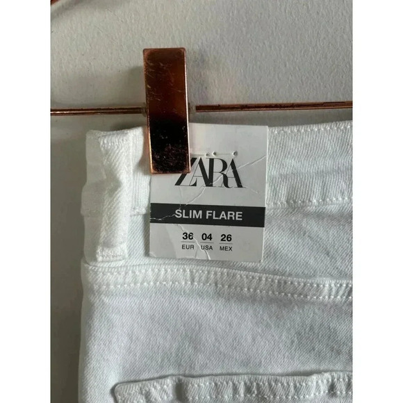 Zara Slim Flare Womens Distressed Knee Denim Jeans White Sz 4 - Picture 7 of 13